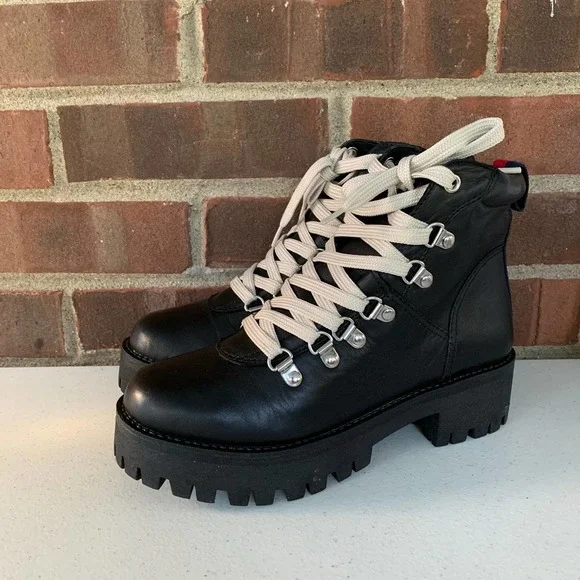 Steve Madden Bam Black Leather Lace Block Heel Combat Boots women's US size 6.5 - Picture 4 of 10